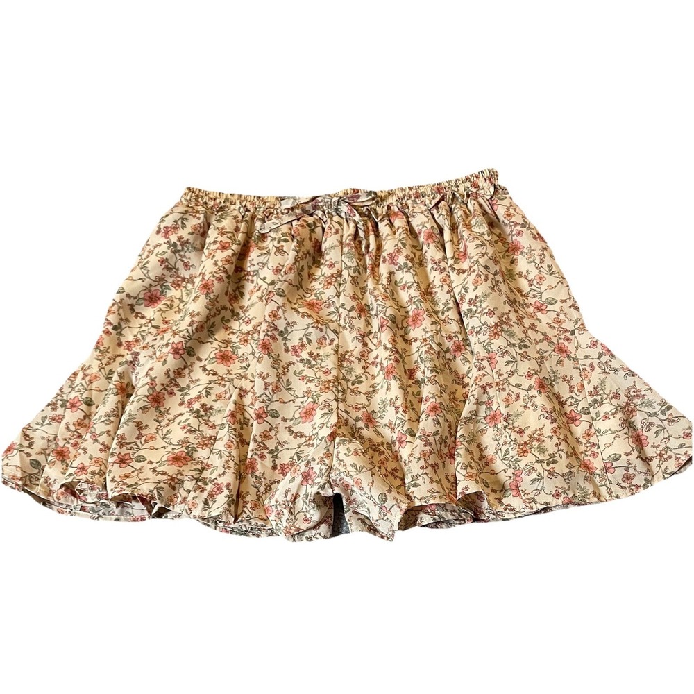 Anthropologie Paper Crane Flared Shorts S M Pink Beige Floral Pull On Boho